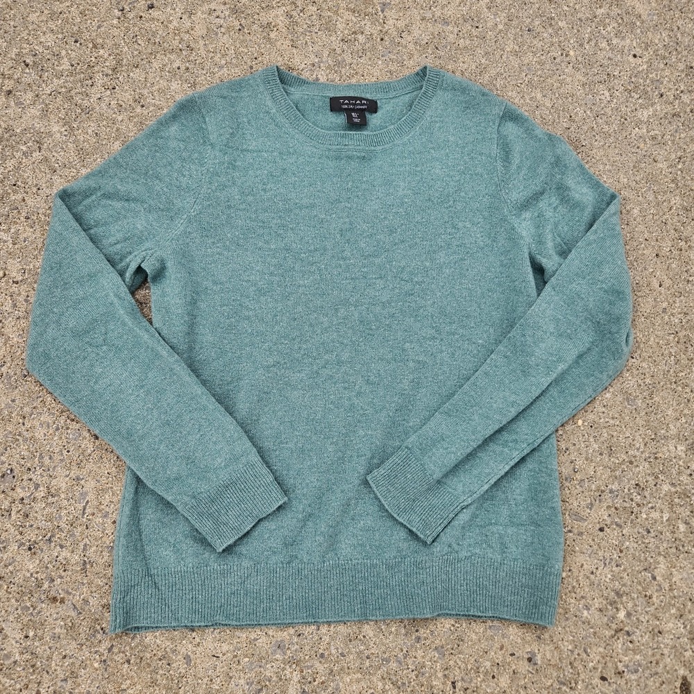 Tahari Cashmere Knit Pullover Sweater Greenish Blue Crew Neck L Long Sleeve